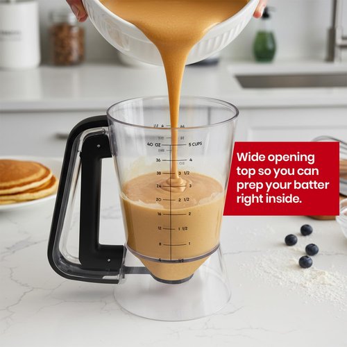Eggssentials - Pancake Batter Dispenser with 5-Cup Capacity - Waffle Batter Dispenser for Pancakes, Cupcakes & Crepes, Easy-Squeeze Handle, Dishwasher Safe - Black Pancake Dispenser