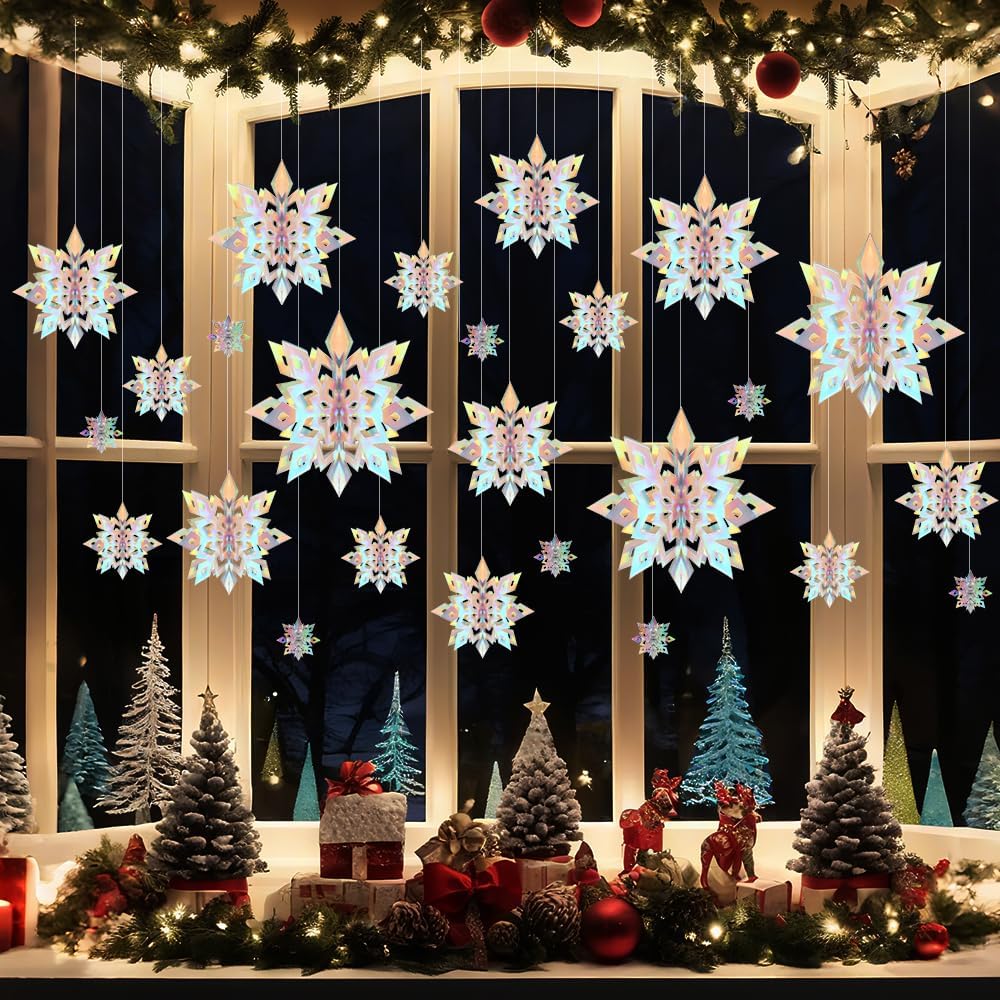Skiennix Winter Snowflake Decorations - 12 Pcs 3D Iridescent Hanging Ornaments for Holiday Decor