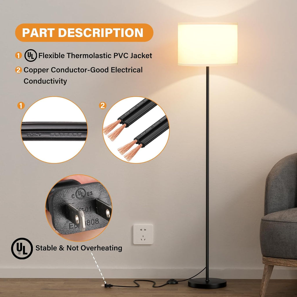 Skiennix Modern Floor Lamp - Simple Design with White Shade & Foot Pedal Switch | 60" Tall Black Pole Lamp for Living Room, Bedroom, Office, Dining Room, Kitchen