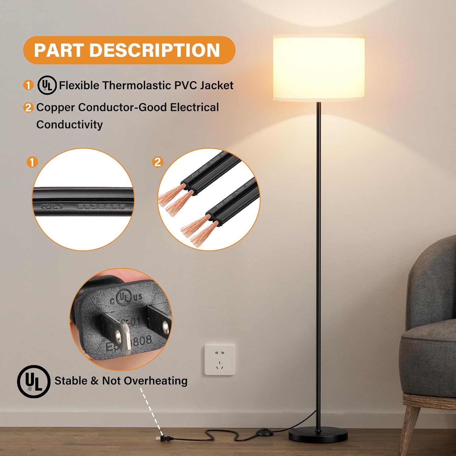 Skiennix Modern Floor Lamp - Simple Design with White Shade & Foot Pedal Switch | 60" Tall Black Pole Lamp for Living Room, Bedroom, Office, Dining Room, Kitchen