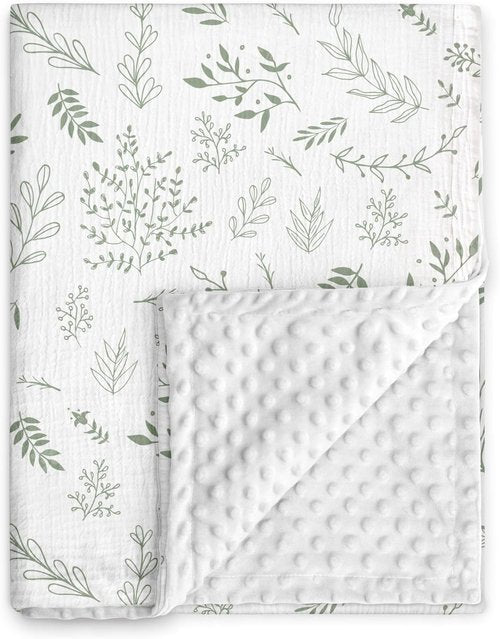 GLLQUEN Baby Blanket - Soft Muslin Cotton Front & Dotted Fleece Backing | Unisex Greenery, 30 x 40 Inches