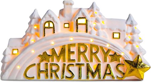 Bdor Lighted Ceramic Christmas Village Decor - 11" White LED House with Golden "Merry Christmas" Sign | Battery Operated Holiday Tabletop Decoration