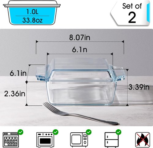 Glass Casserole Dish Set by [Brand Name] - Oven Safe Mini Square 6in x 6in with Glass Lid