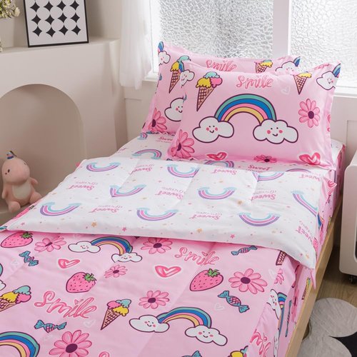 lishjekee 4 Pieces Rainbow Strawberry Comforter Twin Zipper Bedding Girls Rainbow Bedding Set Zip Up Bed in A Bag for Kids Kawaii Pink Flower Bed Sets with Fitted Sheet Pillowcases