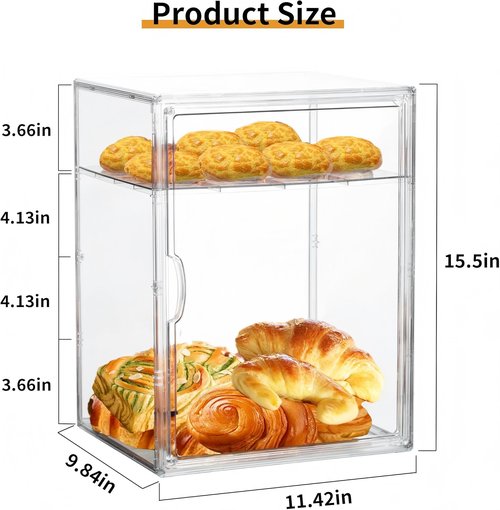 Attelite Pastry Display Case,2 Pack 4 Layers Adjustable Clear Bread Box for Kitchen Countertop,Bread Storage with Magnetic Door Bakery Pastry Display15.5x11.4x9.8inch