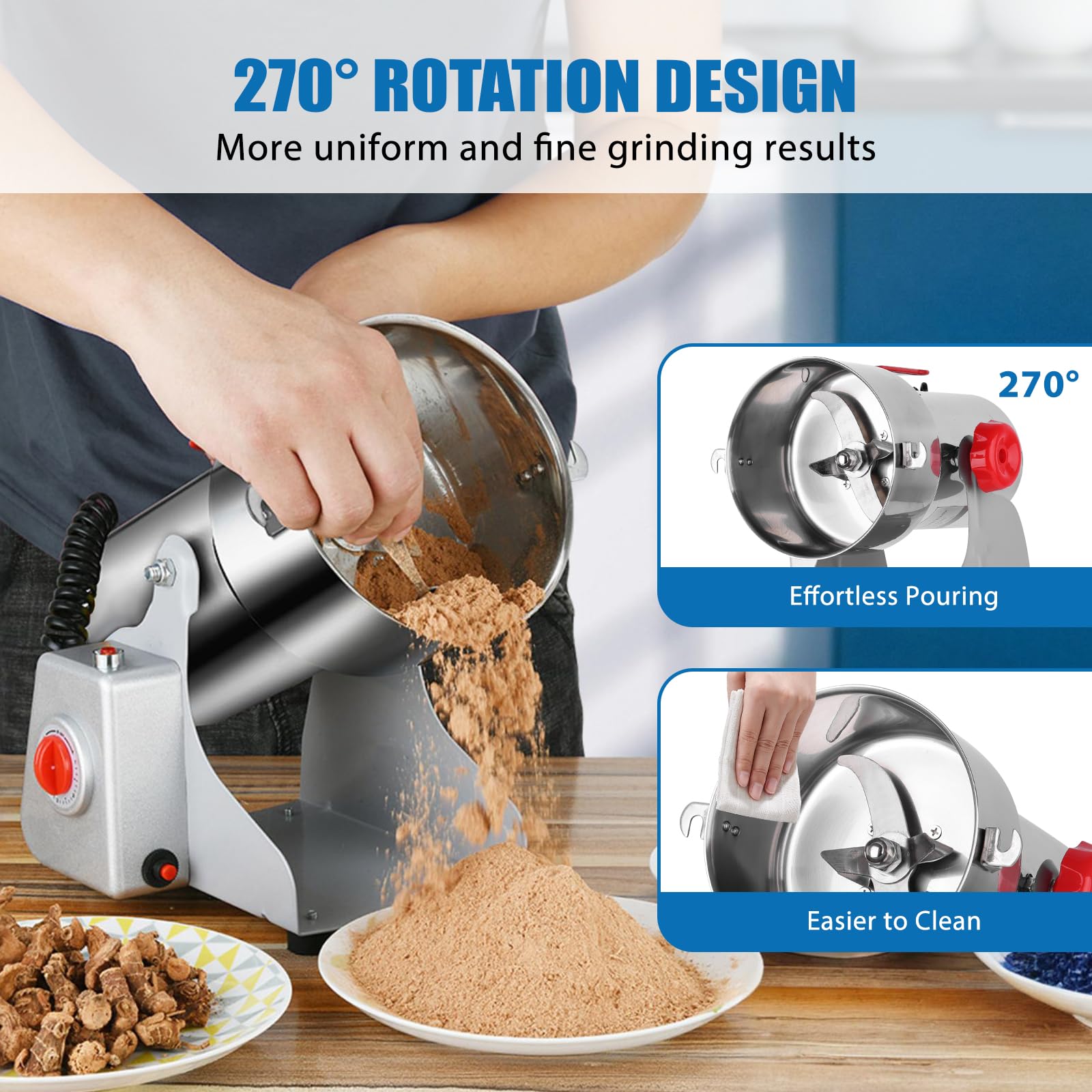 3000W Electric Grain Mill Grinder, 800g Stainless Steel Flour Mill Grinder for Home Use, High Speed Commercial Pulverizer for Dry Grains Spices Coffee Corn Pepper, Swing Type