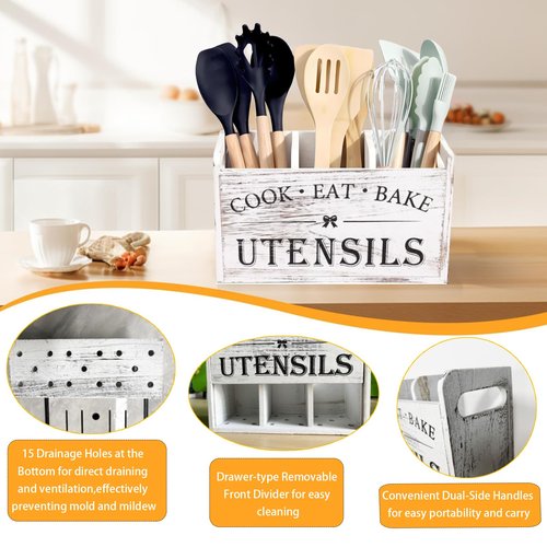 VANEME Utensil Holder,Wooden Utensil Holder for Kitchen Counter, Cooking Utensil Organizer with 3 Compartments,Utensil Crock for Silverware Spoon Spatula
