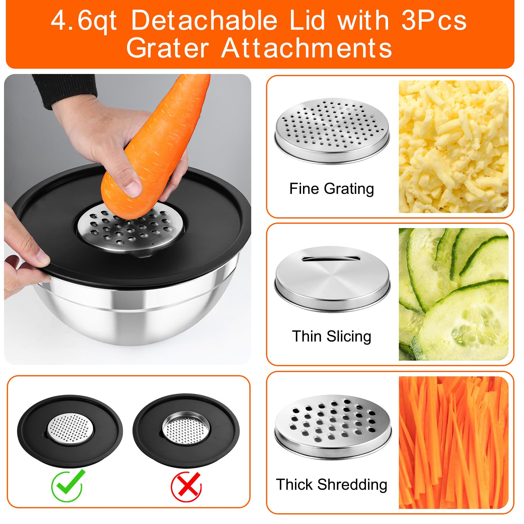 TeamFar Mixing Bowls with Airtight Lids, 5PCS Stainless Steel Metal Salad Bowl with 3 Grater Attachments, for Cooking, Prepping, Serving, Healthy & Easy Clean - 0.7/1/1.5/2.6/4.6QT, Black