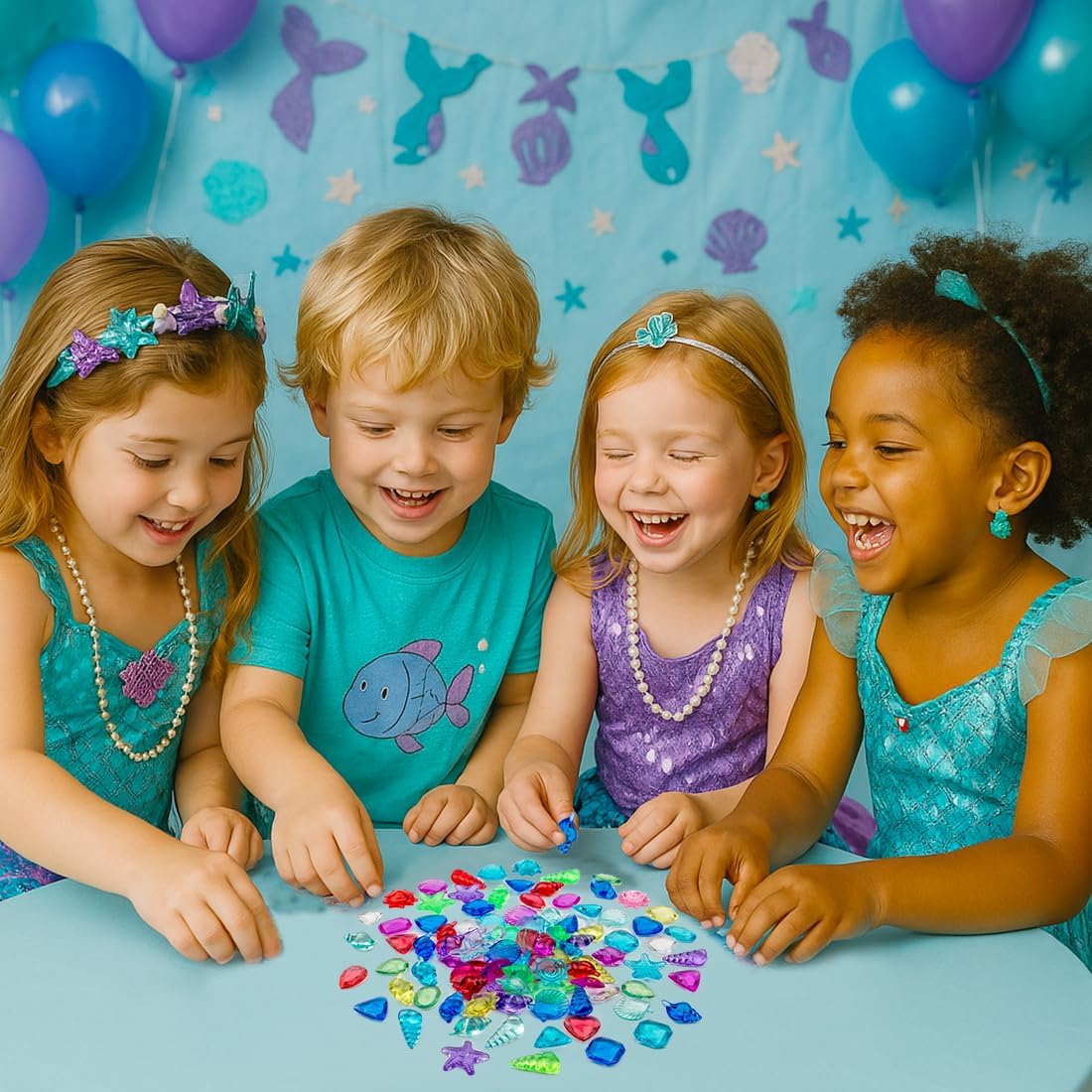 Skiennix Sensory Bin Filler - 180 Pcs Plastic Gemstones & Fake Seashells for Kids | Ocean-Themed Play