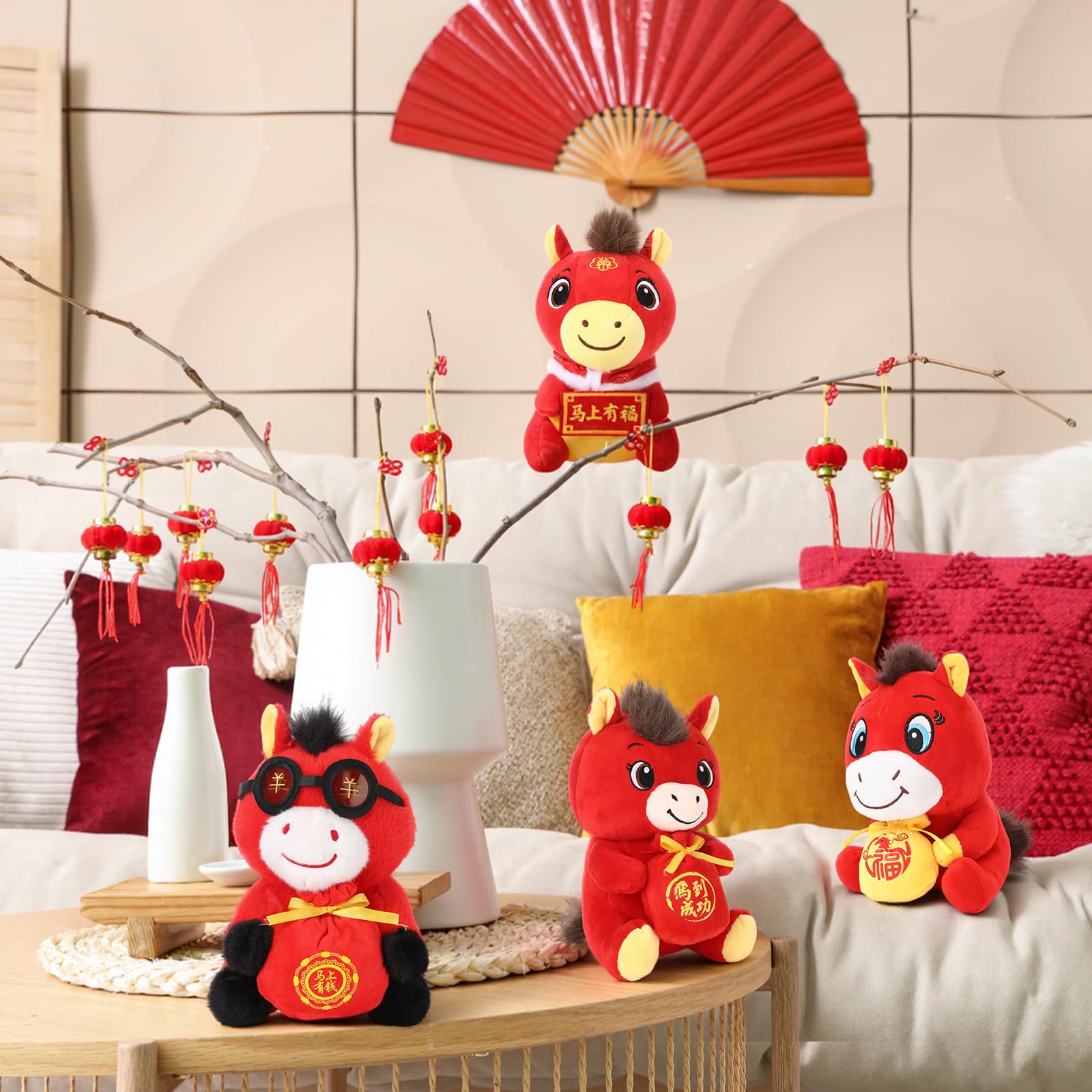 Silipull 4 Pcs Chinese New Year Horse Mascot Pillow 7.9-9.8 inches 2026 Year of the Horse Cushion Festive Gift for Home Decoration Spring Festival Holiday(Blessing Style)