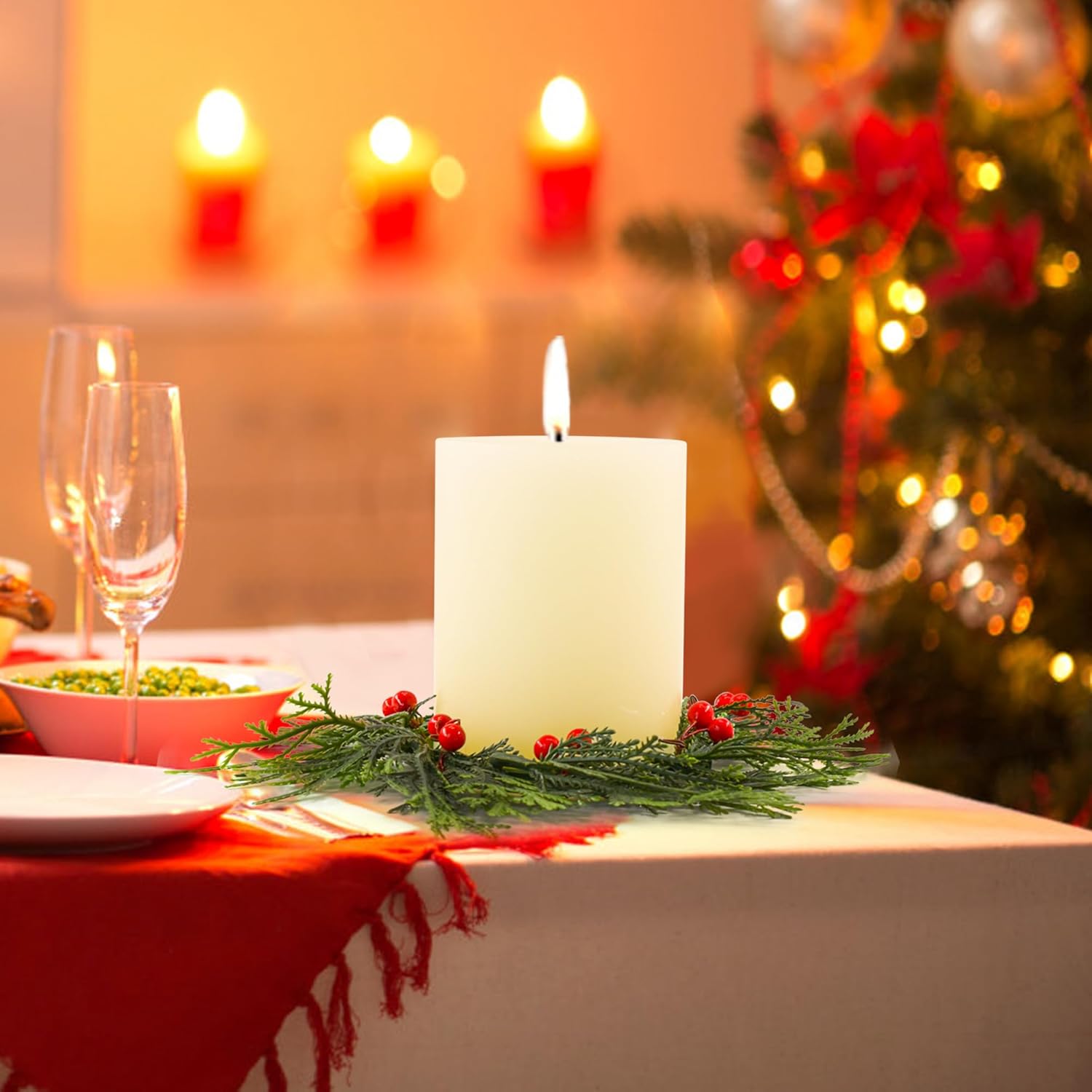 Regine Switzerland Christmas Candle Rings - 4 PCS Artificial Berries & Pine Needles Wreaths for Home Decor