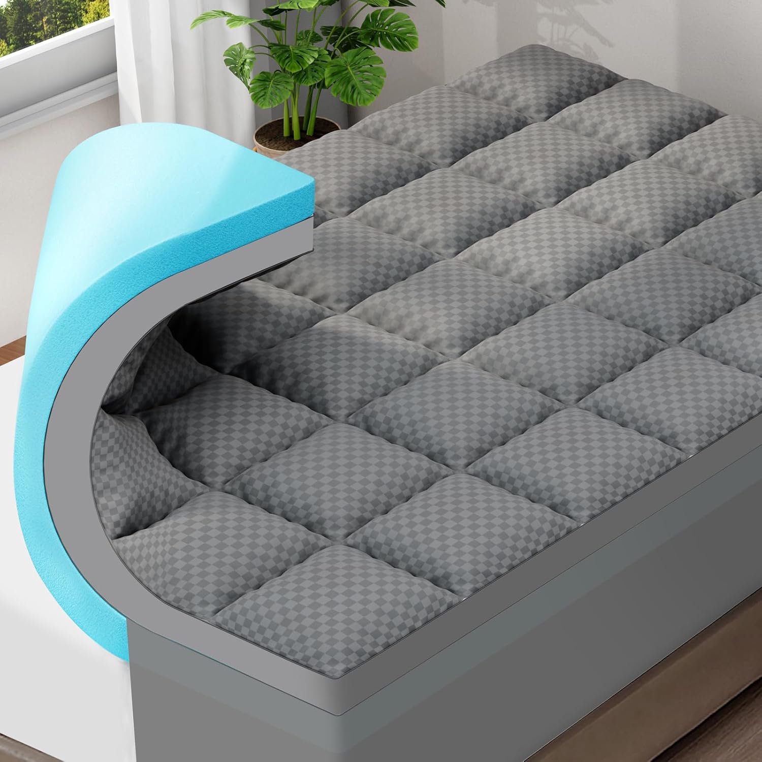 OLANLY Memory Foam Mattress Topper - Dual-Layer 4 Inch Queen Size for Back Pain Relief | Cooling Pillow Top, Grey