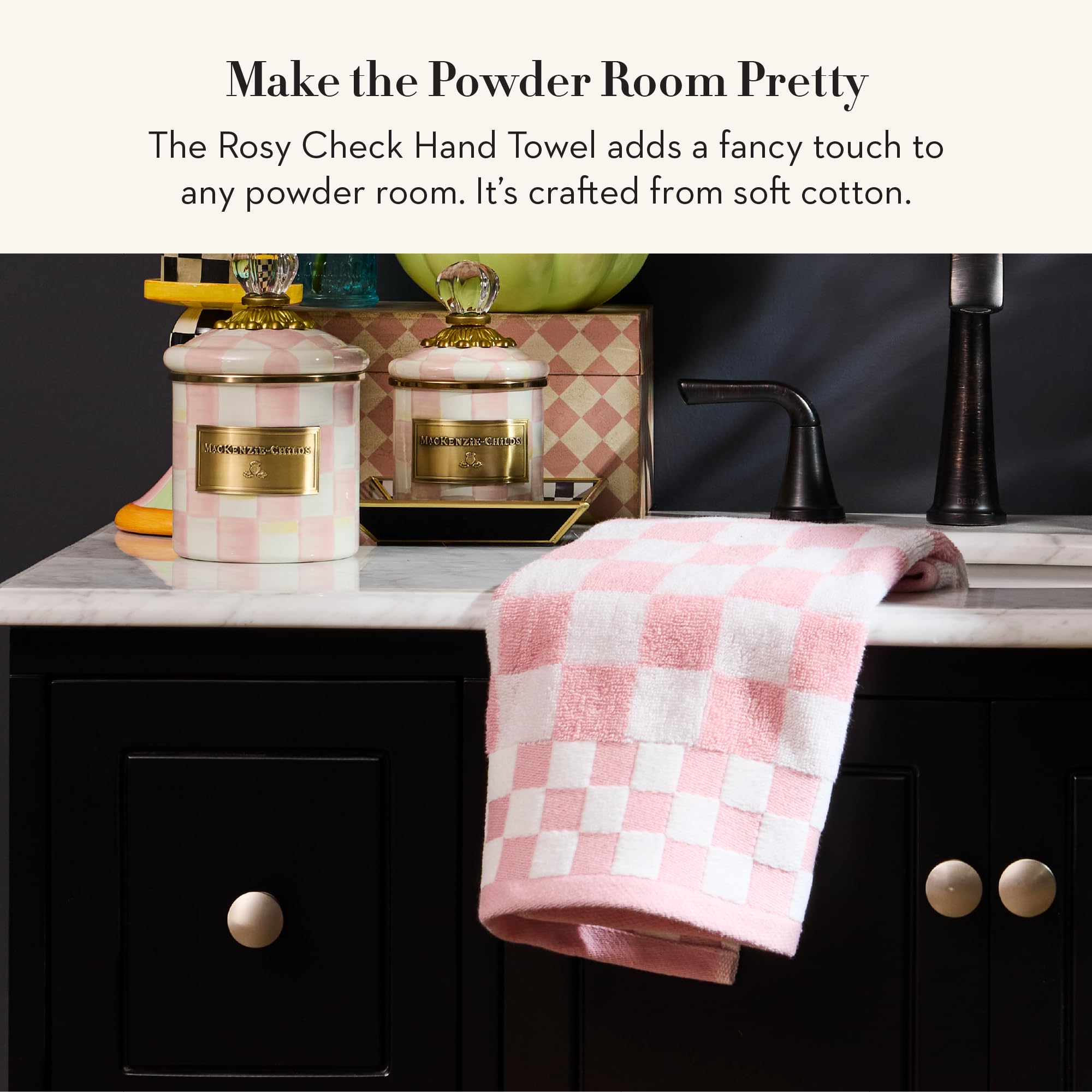 MACKENZIE-CHILDS Hand Towel, Cute Decorative Hand Towel for Bathroom and Kitchen, Pink-and-White Rosy Check