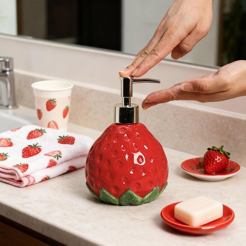 CHOOLD Ceramic Retro Strawberry Soap Dispenser with Plastic Pump, Refillable Lotion Hand Soap Container, Lotion Bottle