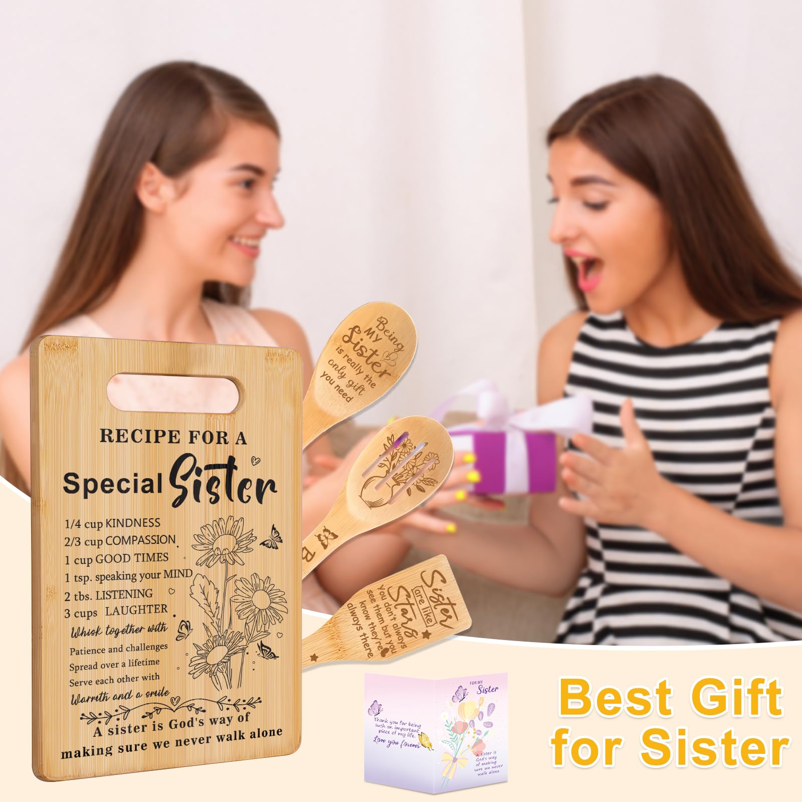 Gifts for Sister, Sister Birthday Gifts from Sisters - Unique Engraved Cutting Board Set Decorations Present, Best Friendship Soul Gifts for Women Bestie Friend
