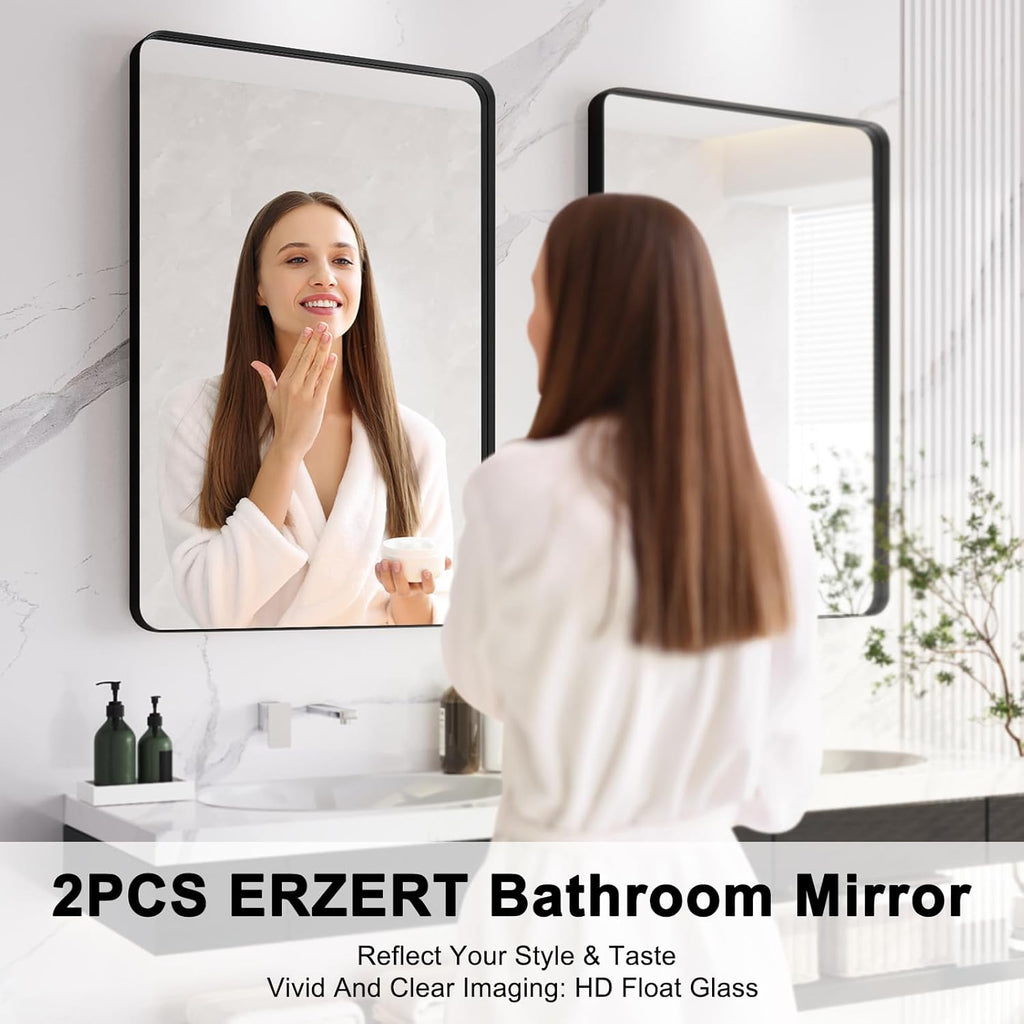 Regine Switzerland Bathroom Mirrors - 2-Piece 24x36 Inch Black Metal Frame Vanity Set | Versatile Horizontal/Vertical Hanging