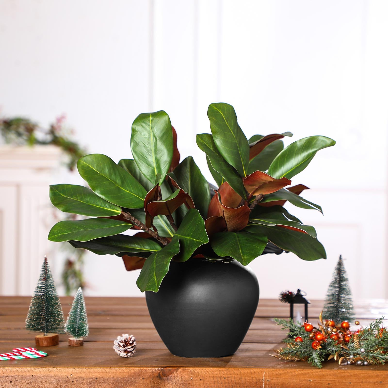 Thiccywoov 6 Pcs Magnolia Artificial Leaves Branches 3D Magnolia Pick Faux Stems Twigs Realistic Touch Faux Greenery Table Centerpiece for Spring Vase Filling Farmhouse Home Office (Green,18 Inch)