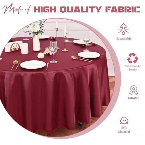 Pesonlook 12 Pack Burgundy Round Tablecloth, 120 Inch Satin Fabric Tablecloth for Round Table, Wrinkle Resistant Washable TableCover Bright Silk TableClothes for Wedding Party Dining Table Banquet