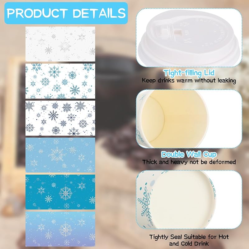 12 oz 48 Count Winter Snowflake Disposable Coffee Cups with Lids & Straws - 48 Pack