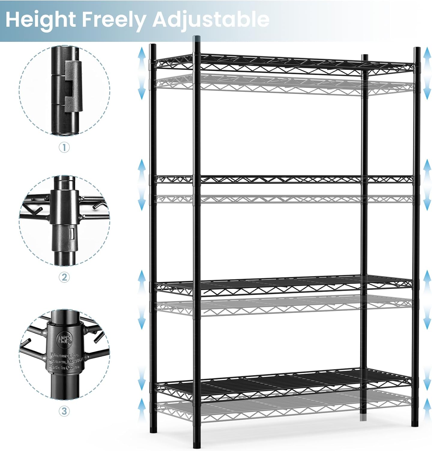 Whitmor 4-Tier Metal Shelving Unit - Adjustable Heavy-Duty Storage with Wheels | 400 lbs Capacity per Shelf, Black, 36"L x 14"W x 54"H