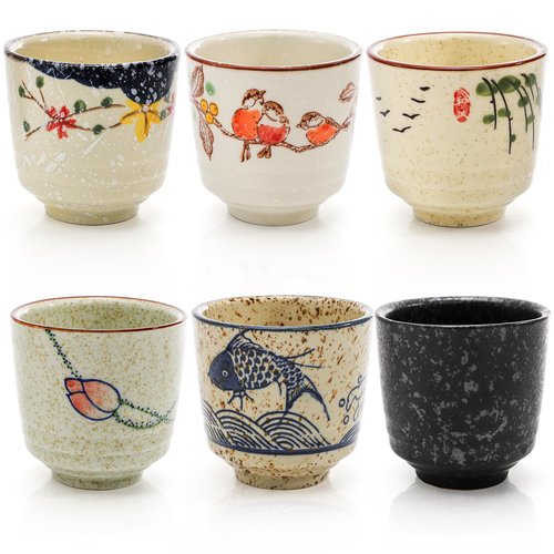 Nagpew 6 Pieces Japanese Tea Cups, 6 Oz Ceramic Coffee Cup with Good Heat Retention, No Handle Teacup Matcha Mug for Latte, Juice, Gift, Dishwasher Safe