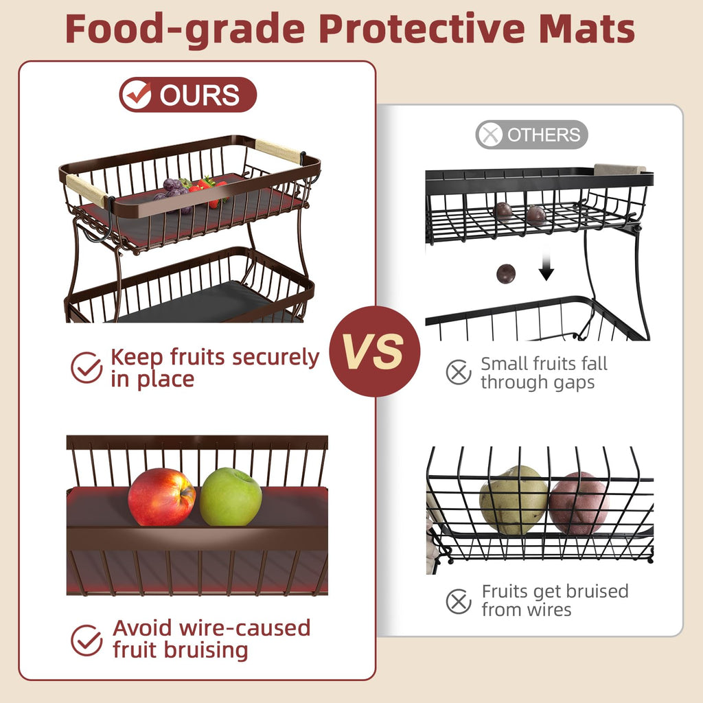 Sevenblue 2 Tier Large Fruit Basket for Kitchen Counter with 2 Mobile Banana Hangers, 2026 Pro Detachable Metal Fruit Bowl with Wooden Handle (Brown, 2 Tier)