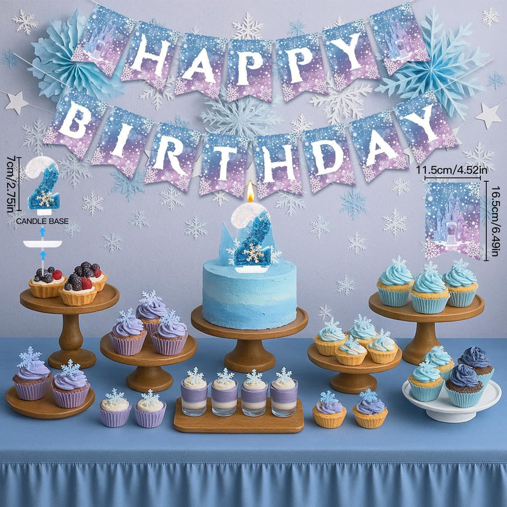 Skiennix Birthday Decorations for Girls - Winter Snow Theme Party Supplies with Number 2 Candle & Crown