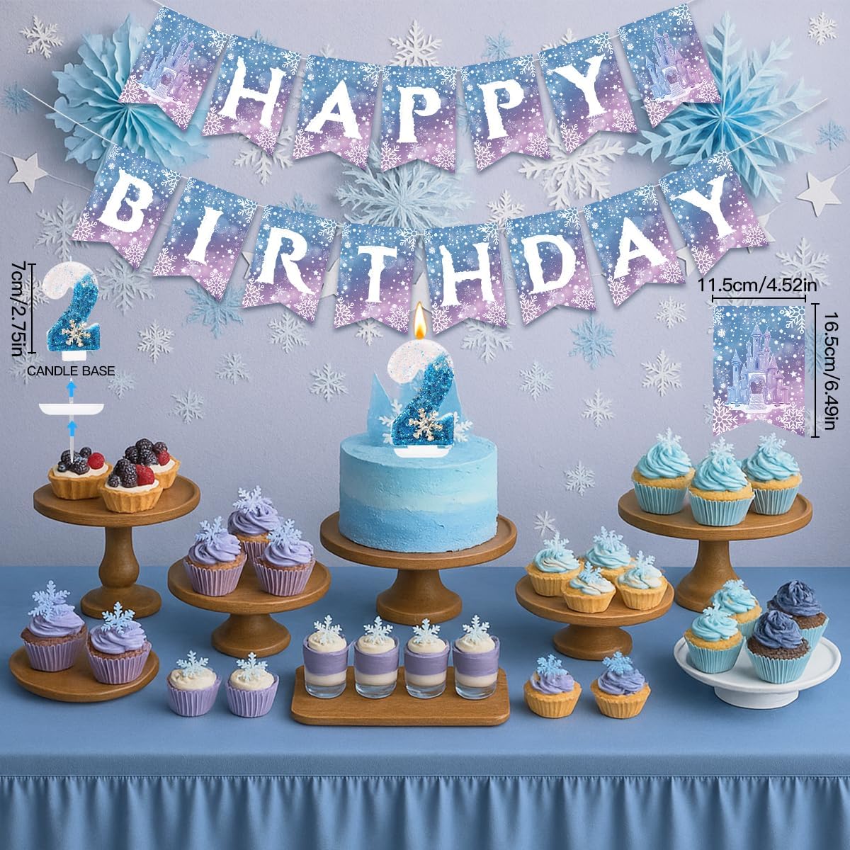 Skiennix Birthday Decorations for Girls - Winter Snow Theme Party Supplies with Number 2 Candle & Crown