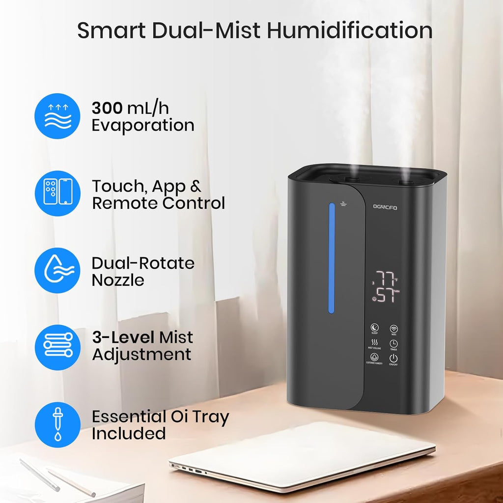 OGACFO 5L Smart Air Humidifier - Top Fill Design with Essential Oils | 50H Runtime, Quiet 28 dB for Home & Nursery