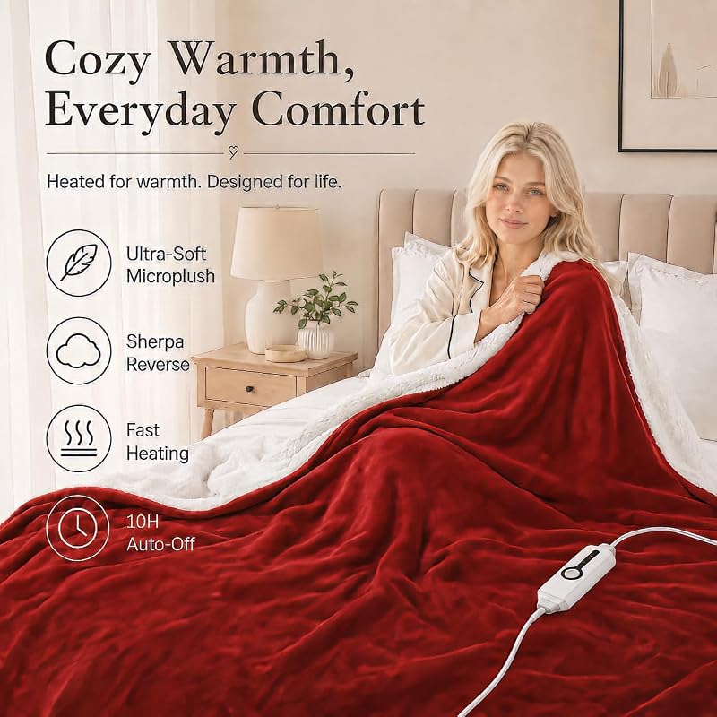 Electric Heated Blanket Twin 62x84 in – Red, 4 Heat Settings, Ultra-Fast Warmth (Variation: 19-Brigh t Red+Twin(62"x84"))