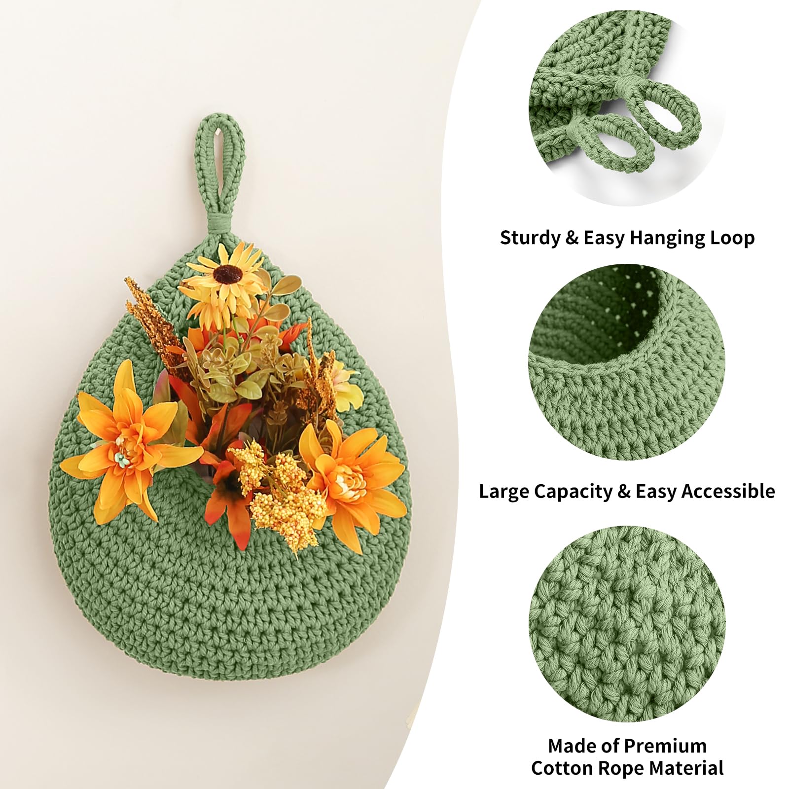Boho Wall Hanging Fruit Baskets for Kitchen 3 Pack Woven Produce Holder with 6 Pcs Strong Hooks Vegetable Hanging Basket for Organizing Teardrop Home Wall Potato Onion Storage, Green