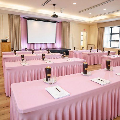 NSSONBEN 4 pk Baby Pink Spandex Tablecloth 6ft with Ruffle Table Skirt, Wrinkle Free Stretchy Fitted Tablecloths for 6 Foot Rectangle Tables, Elastic Spandex Table Covers for Weddings Parties Banquet
