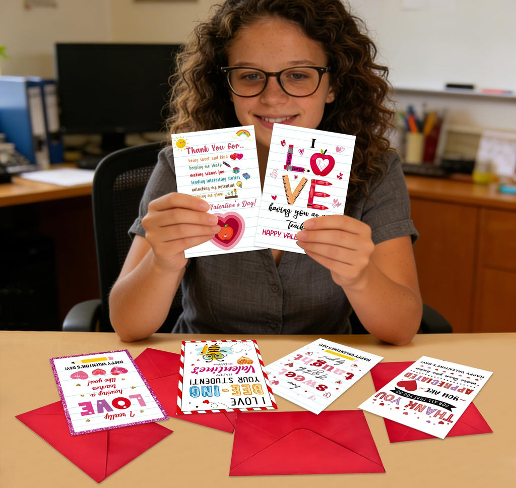GMEMNOV 6 Pack Teacher Valentine Cards with Envelopes - Valentine's Day Cards for Teachers from Students, Bulk Thank You Cards, Teacher Appreciation Gifts, Classroom Valentine Card Set
