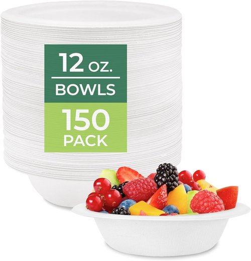 Freshware Paper Bowls - Biodegradable 12 oz. Soup Bowls | 150-Pack Heavy Duty Sugarcane Fiber Dinnerware - Microwave & Freezer Safe