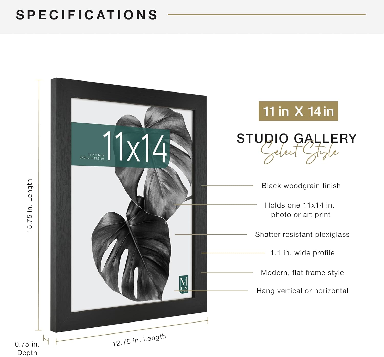 MCS Studio Gallery 11x14 Black Woodgrain Picture Frame - Stylish Rectangle Frame for Photos & Art Prints