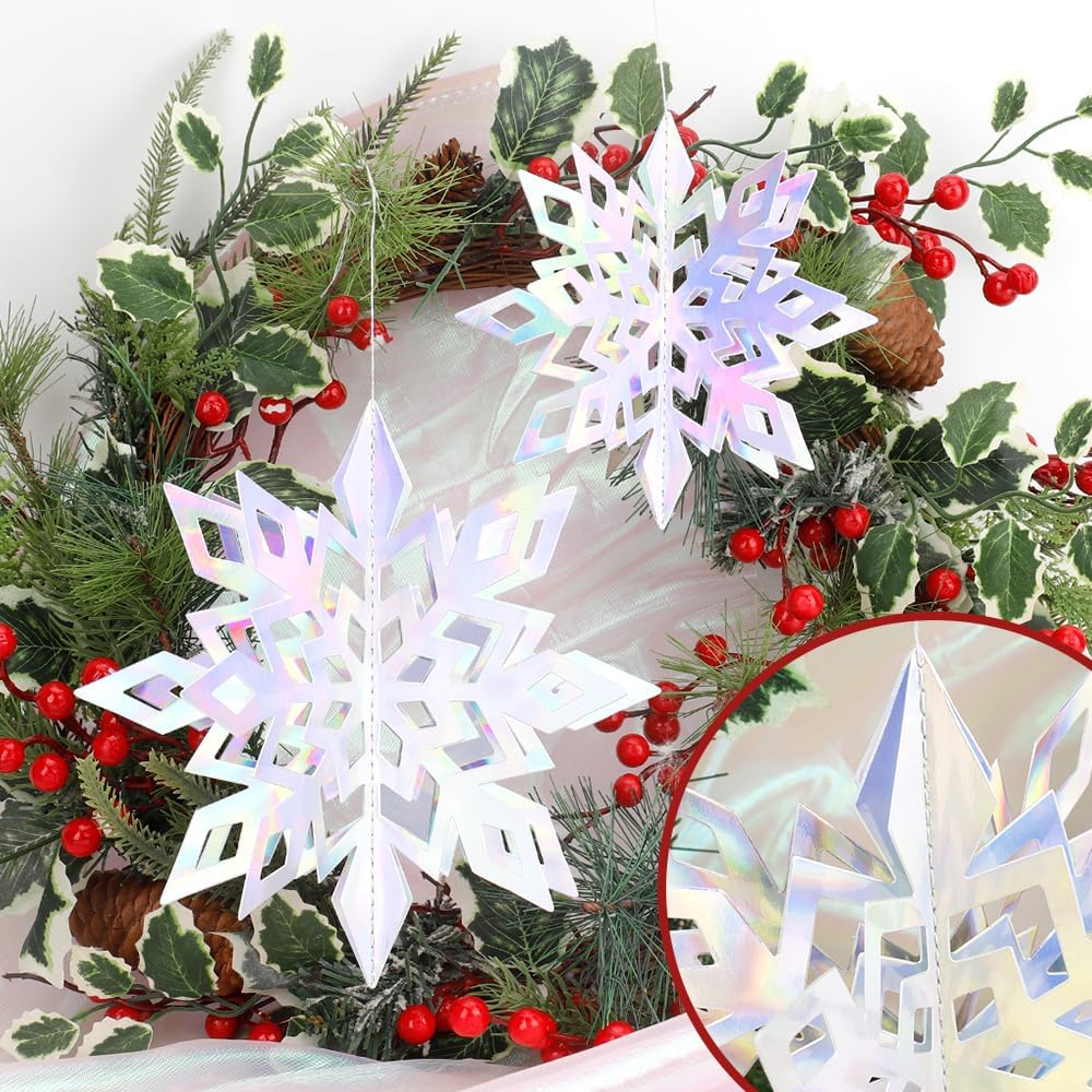 Skiennix 12PCS 3D Hanging Snowflake Decorations - Glitter Holographic Silver Ornaments for Winter Wonderland Holiday Decor