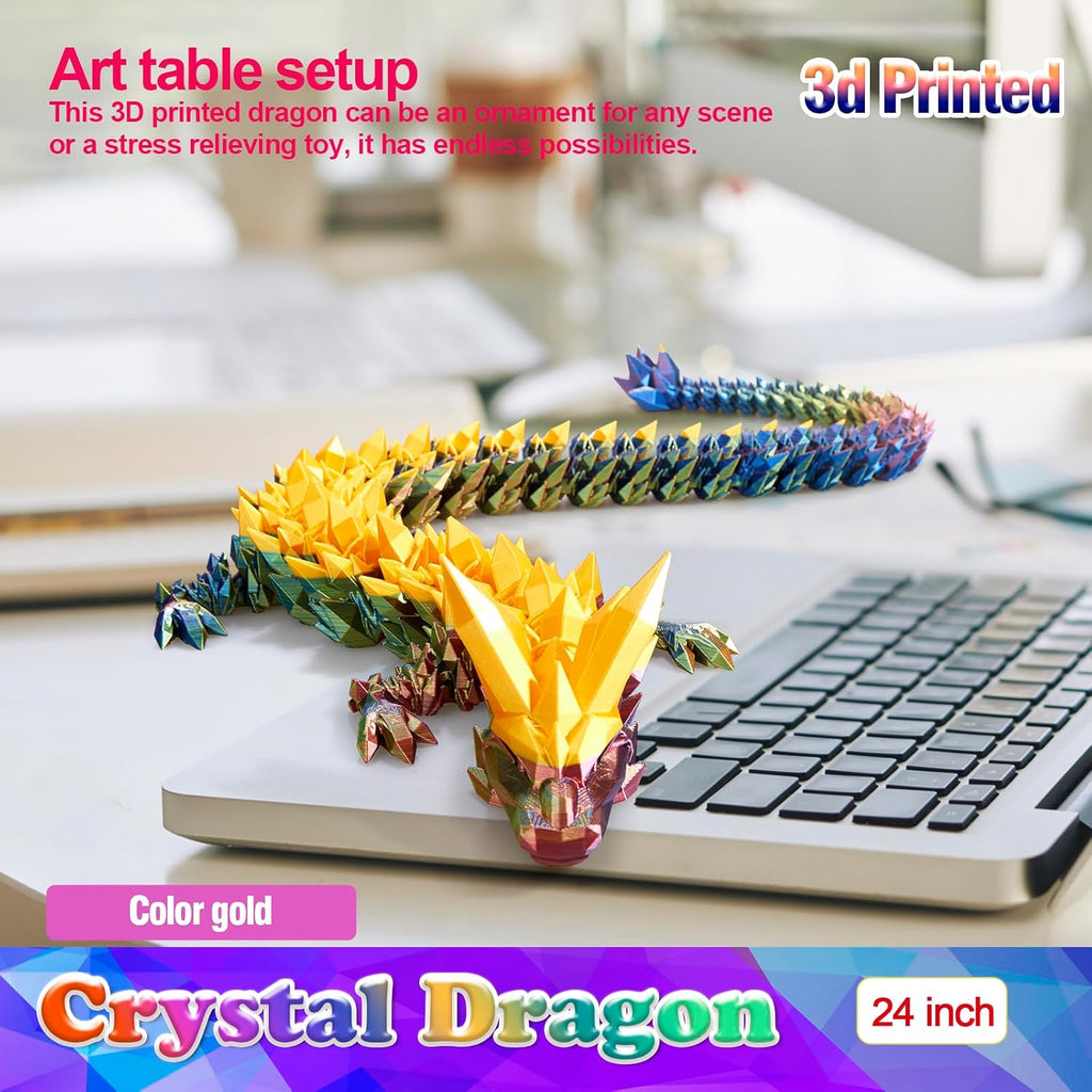Skiennix 24-Inch Large 3D Printed Dragon Figurine - Magical Gold Decor for Kids & Home