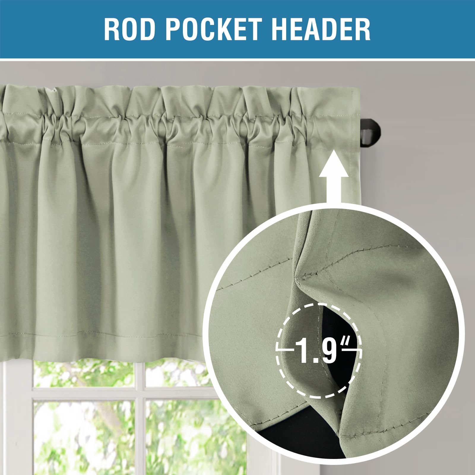 H.VERSAILTEX 100% Blackout Curtain Valances for Kitchen Windows/Bathroom/Living Room/Bedroom Thermal Insulated Rod Pocket Valances for Windows, 2 Pack, 52" x 18", Light Sage