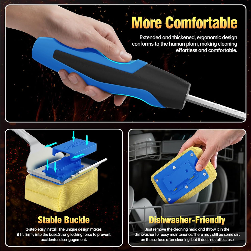Skiennix Grill Brush - Bristle-Free BBQ Cleaner with Extended Handle & Scraper | Safe for Cast Iron & Stainless Steel Grates - Blue