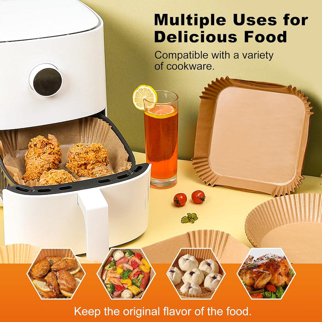 Air Fryer Liners - 200 Pcs Unbleached Parchment Paper, Non-Stick & Waterproof for 5-8 QT Baskets