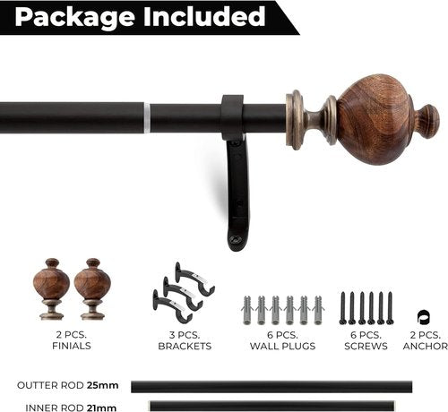 Deco Window Curtain Rod - Heavy Duty 1 Inch Metal Drapery Rod, Adjustable 44-120 Inch, Brown Matte Finish