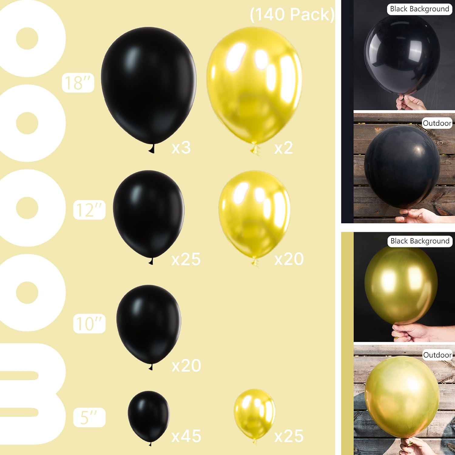 PartyWoo Black and Gold Balloon Arch Kit - 140pcs in Various Sizes for Birthday, Graduation & Events