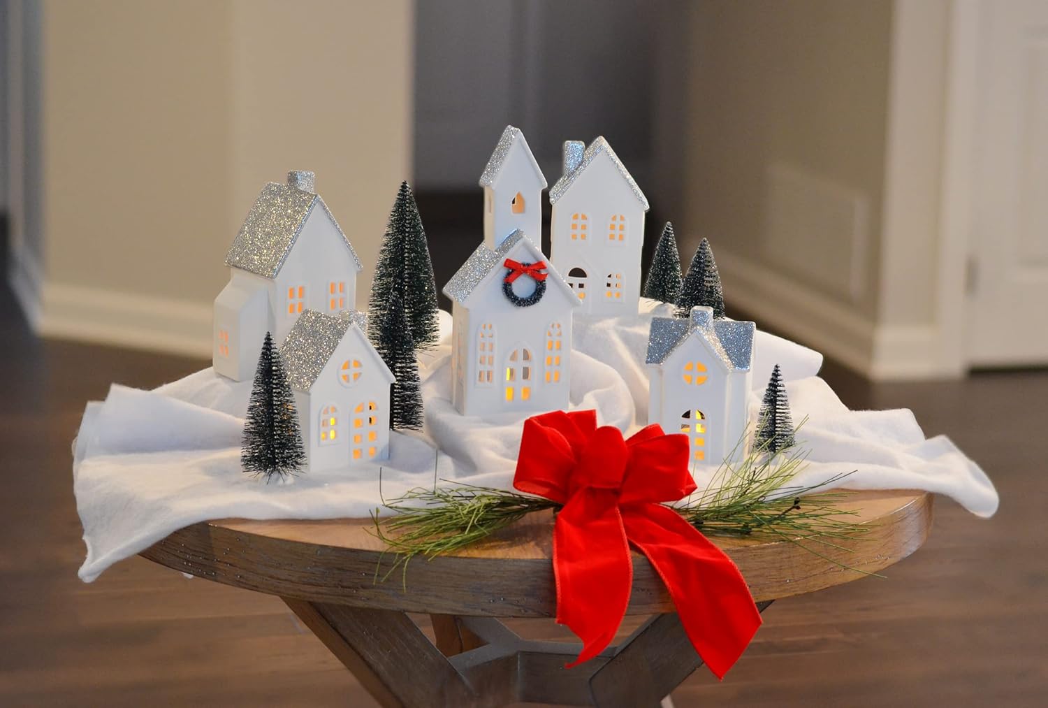 Mark Feldstein & Associates LED Holiday Figurines - Silver Rooftopped Village with Trees | 16-Piece Set, 11 Inch