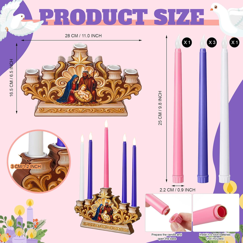 Qinyoung Advent Candle Holder - 5 Pcs Flameless Candles with Nativity Scene | Religious Home Decor