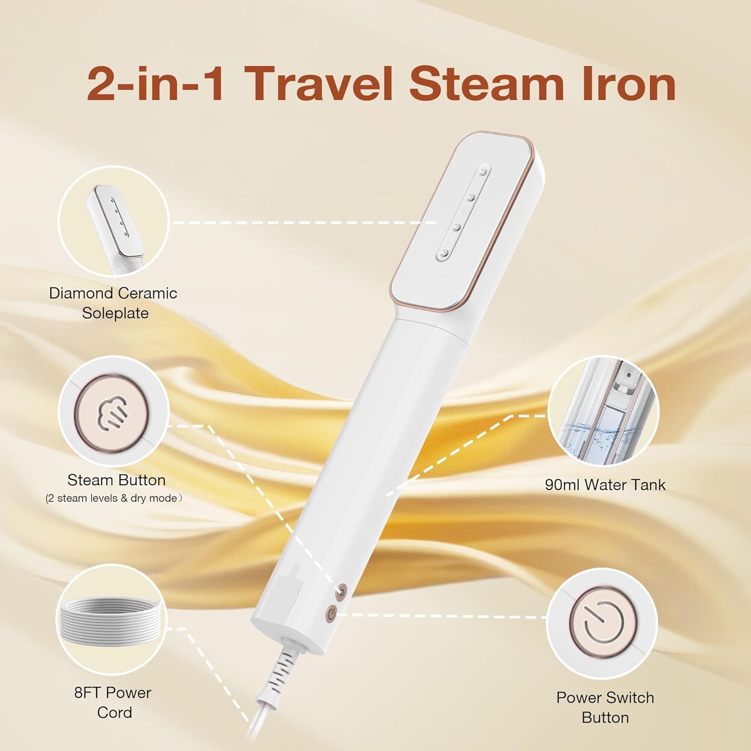 Newbealer Travel Iron - 2-in-1 Clothes Steamer & Dry Iron with Non-Stick Soleplate | Gold, 100-240V