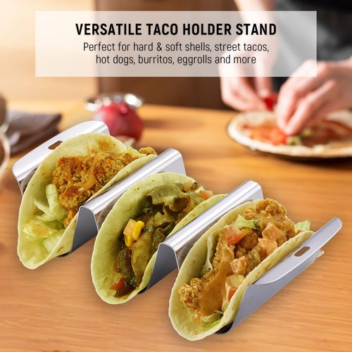 (Set of 4) Taco Holder Rack with Handle, 3 Slot Wave Stainless Steel Taco Stand for Hard & Soft Shell, For Family Party, BBQ & Taco Tuesday