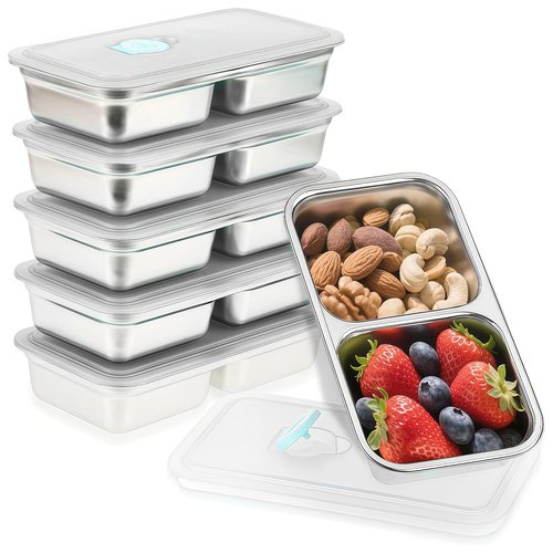 BSTUR 6Pcs 304 Stainless Steel Snack Containers, 2 Compartments Portable Food Storage Bento Boxes with Lids, Divided Meal Prep Lunch Box Food Container Dishwasher Safe