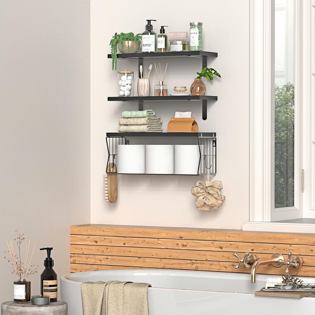 Skiennix Floating Bathroom Shelves - Modern Wall-Mounted Wooden Shelf Set of 3 for Stylish Storage - Black