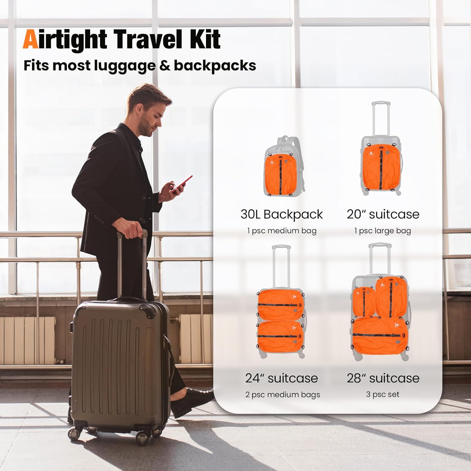Skiennix Vacuum Bags for Travel - 3-Pack Reusable Compression Bags with Pump | Waterproof Space Saver in Orange