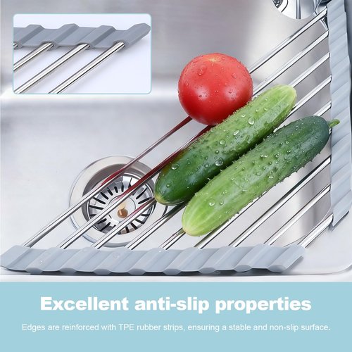 VAQULION Triangle Dish Drying Rack, Sink Caddy for Top of Sink Rack, Stainless Steel Roll-Up Over The Sink Drainer, Foldable Sponge Holder for Kitchen Sink Organizer, Non-Slip Silicone, Space-Saving